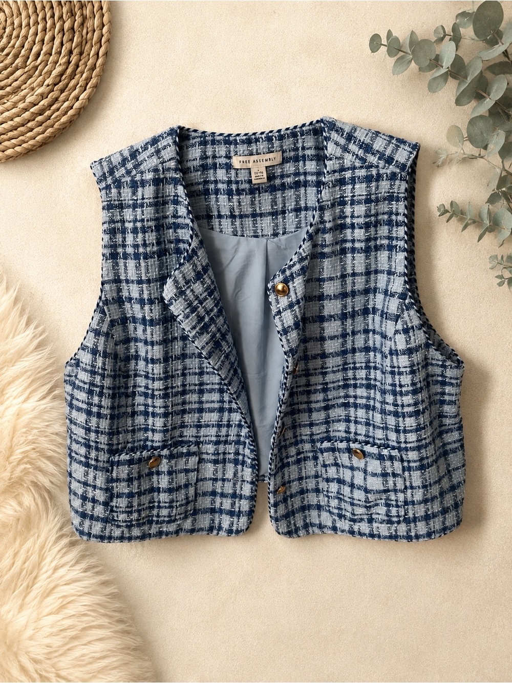 Textured Blue Plaid Tweed Vest by Free Assembly